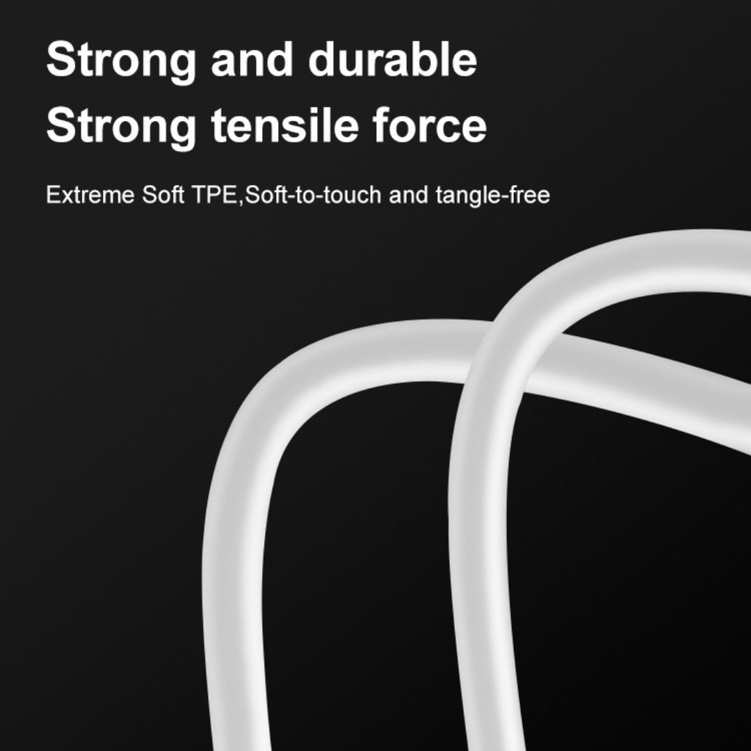 White TPE cable on a black background with text about strength and durability.